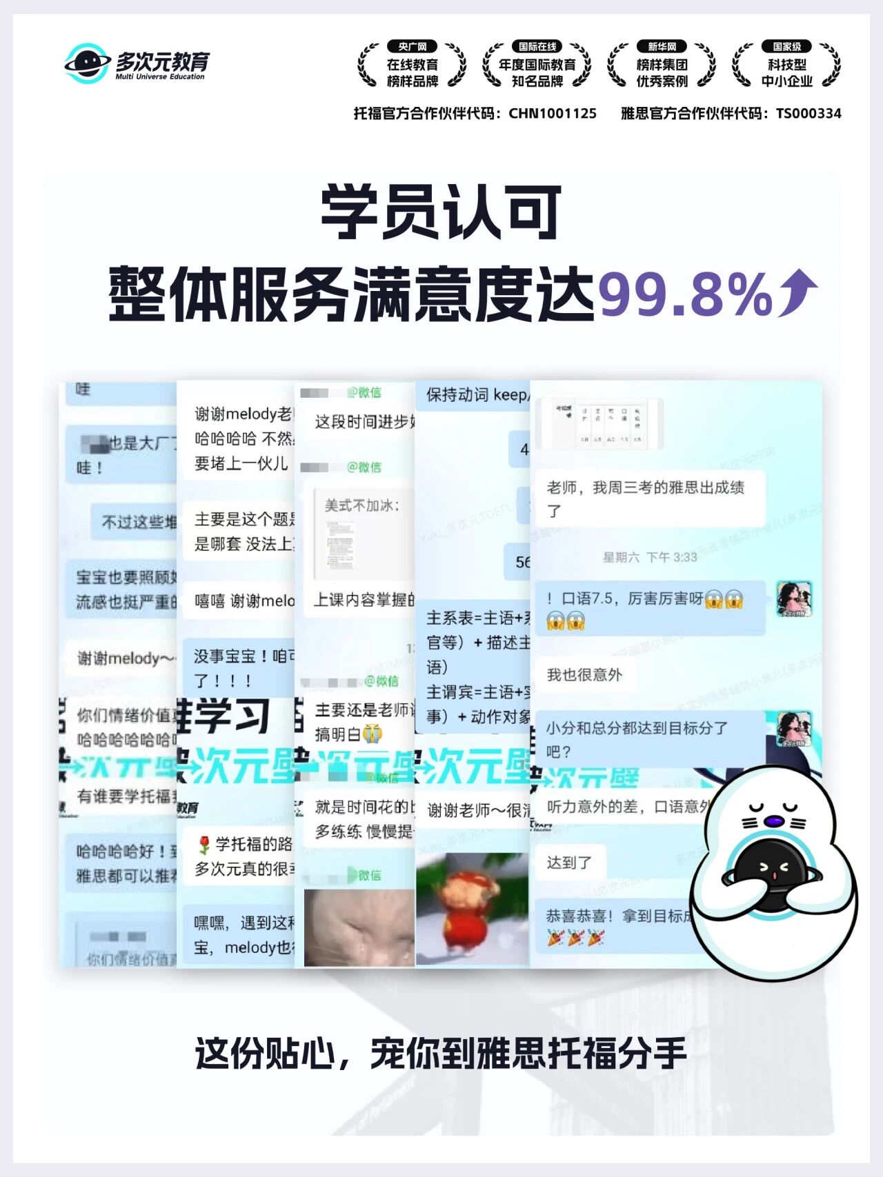 多次元教育学员雅思出分成绩与好评反馈截图