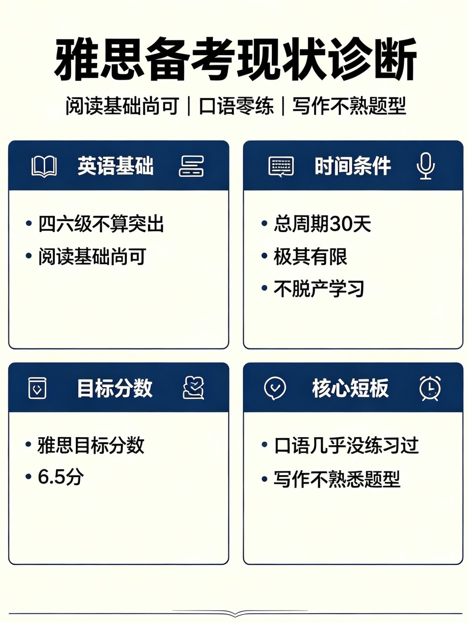 雅思备考现状诊断图，含英语基础、时间条件、目标分数与核心短板四个维度