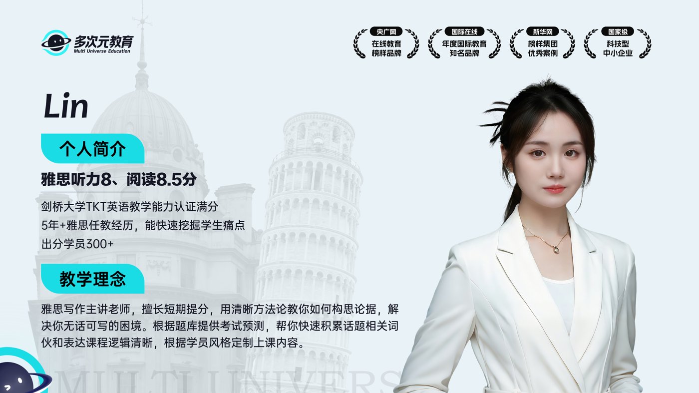 雅思师资Lin老师,听力8.5、阅读8.5分,硕士学历