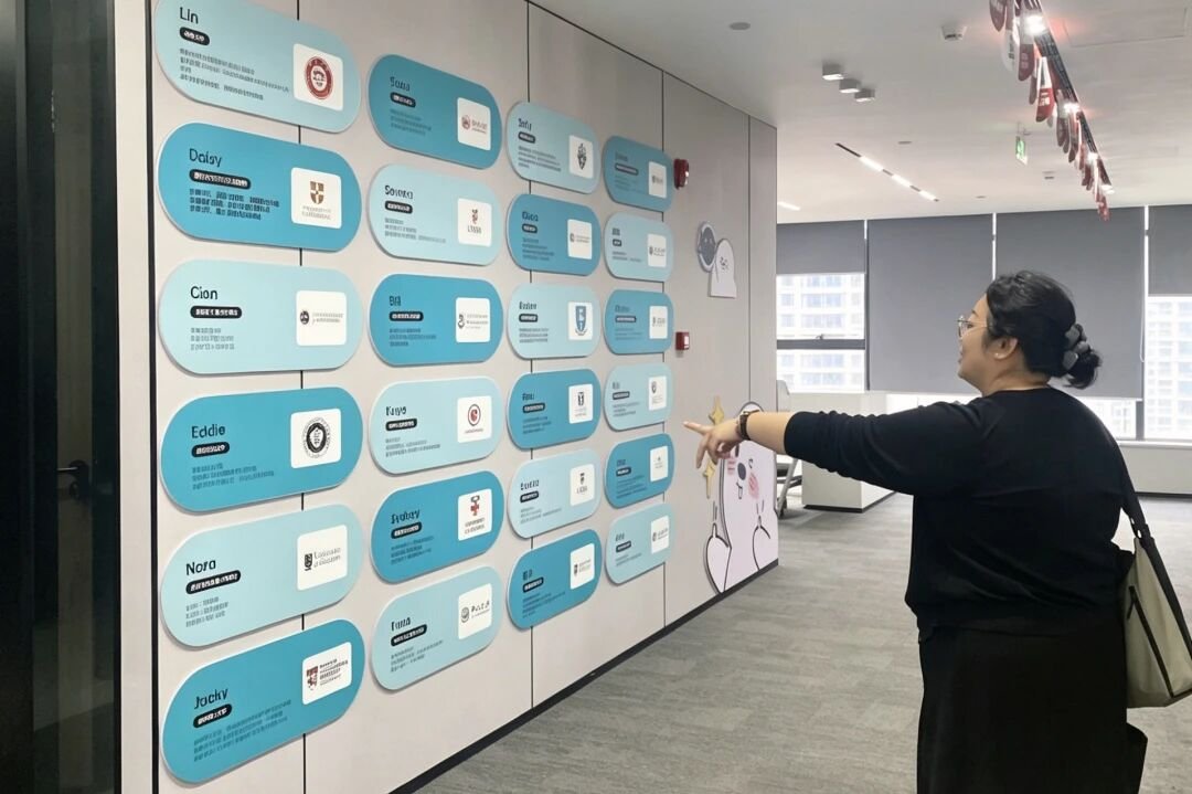 多次元办公室师资展示墙全景,墙面为教师介绍卡